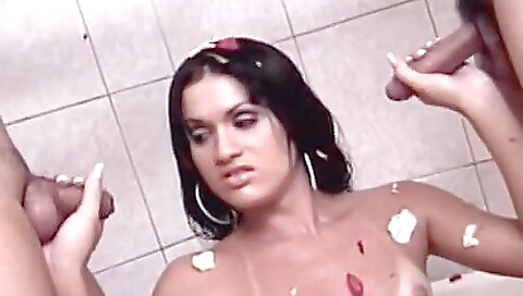 Latina girl is getting her pussy fucked by two cocks