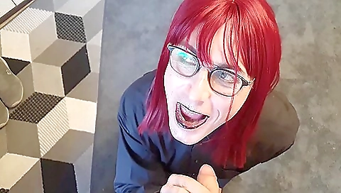 Horny guy cumming on a brunette maid in red stockings