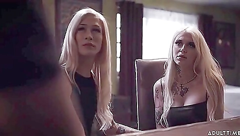 Two hot milfs in a bdsm threesome sucking one big cock